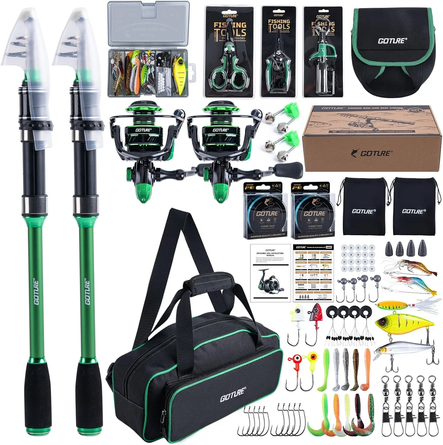 

Наборы для рыбалки Goture: 2 телескопических удилища + 2 предварительно загруженные спиннинговые катушки с сумкой для переноски, подарки для мужчин