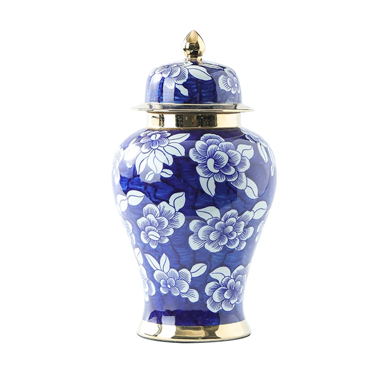 Plating Ceramic Vase Blue and White Porcelain General Jar with Lid Flower Arrangement Container Wedding Decoration