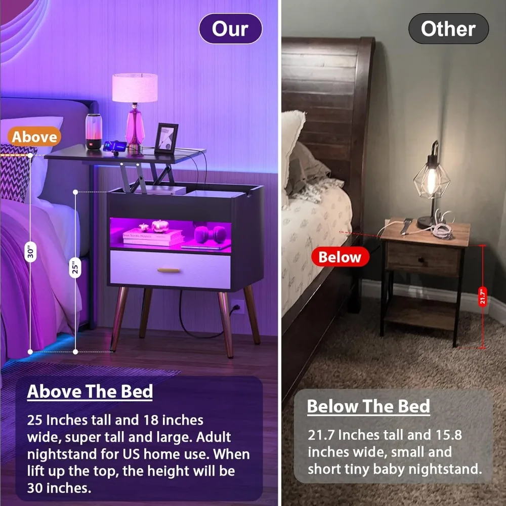 Móveis para casa com luzes LED, reversível Lift Top, Nightstand Set, Bedroom Bedside Table, grande Night Stand, 30 polegadas, conjunto de 2