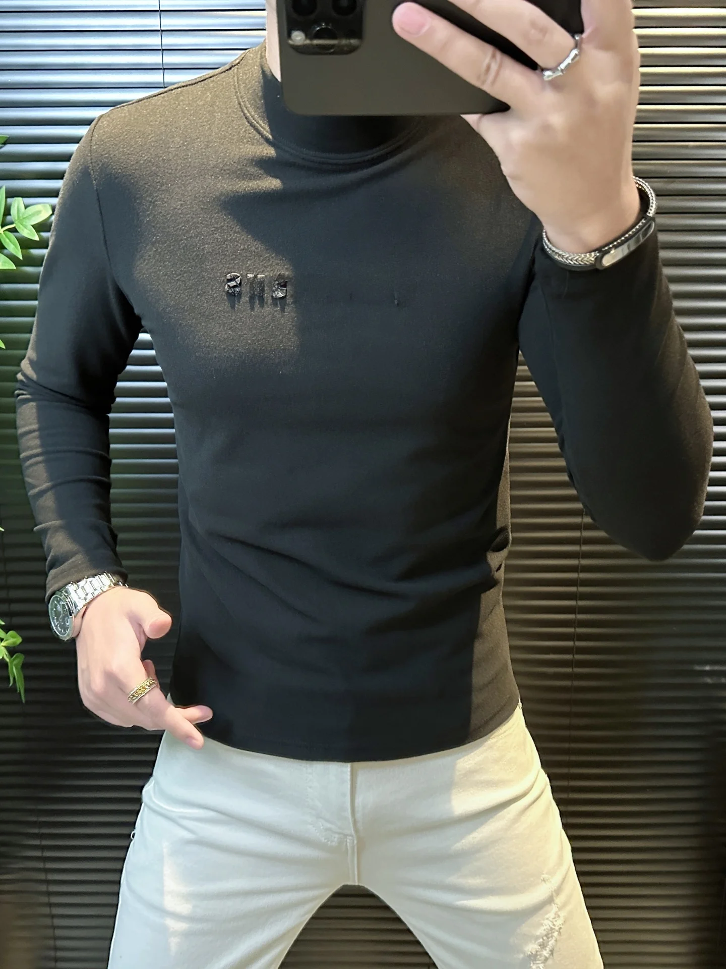 High-End Simple Men's Long Sleeve T-Shirt Autumn Winter Half High Collar Velvet Base Shirt Fashionable Versatile Slimming War...