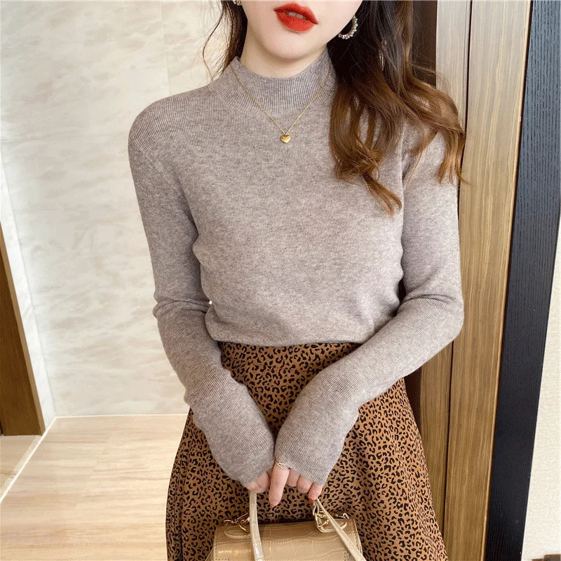 

Autumn Winter Knitted Shirts Women Mock neck Pullover Sweaters Tops Fashion Female Long Sleeve Skinny Elastic Casual Sweater