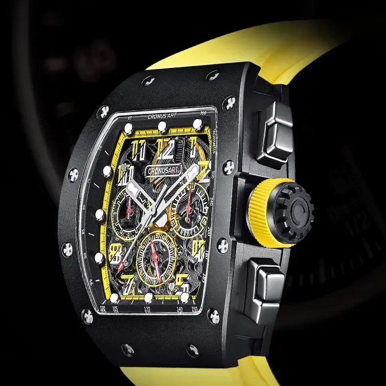 CRONUSART Men Automatic Watch 50MM Chronograph Tonneau Mechanical Wristwatch  Carbon Steel Case Luminous Skeleton Dial
