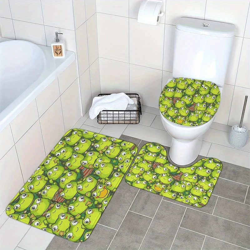 

Cute Green Frog Bath Set Three Piece Mat Toilet Lid Cover and U Shaped Rug Soft Flannel Non Slip for Fun Cartoon Bathroom Decor