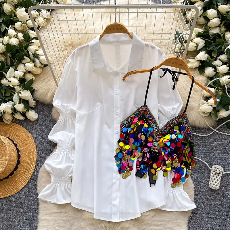 Spring Autumn Minimalist Lantern Sleeves Sequined Camisole Shirt for Women's New Fashionable Beaded Sequined Versatile Top C636