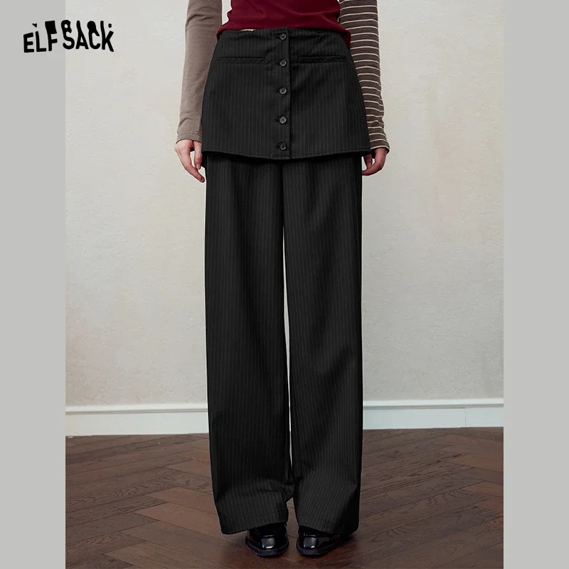 ELFSACK Women's Vintage Wide‑Leg Pants with Detachable Skirt Overlay, Button Front Suit Trousers, Preppy Aesthetic Bottoms