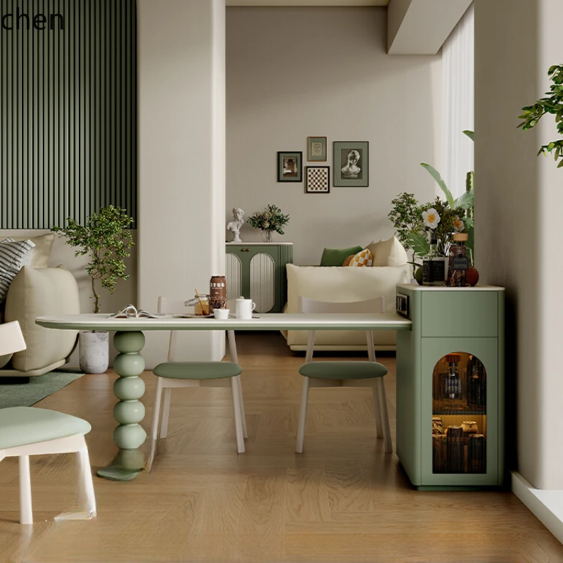 

HTT cream wind small apartment rock slab island dining table integrated retractable mini guide table plus narrow down bar
