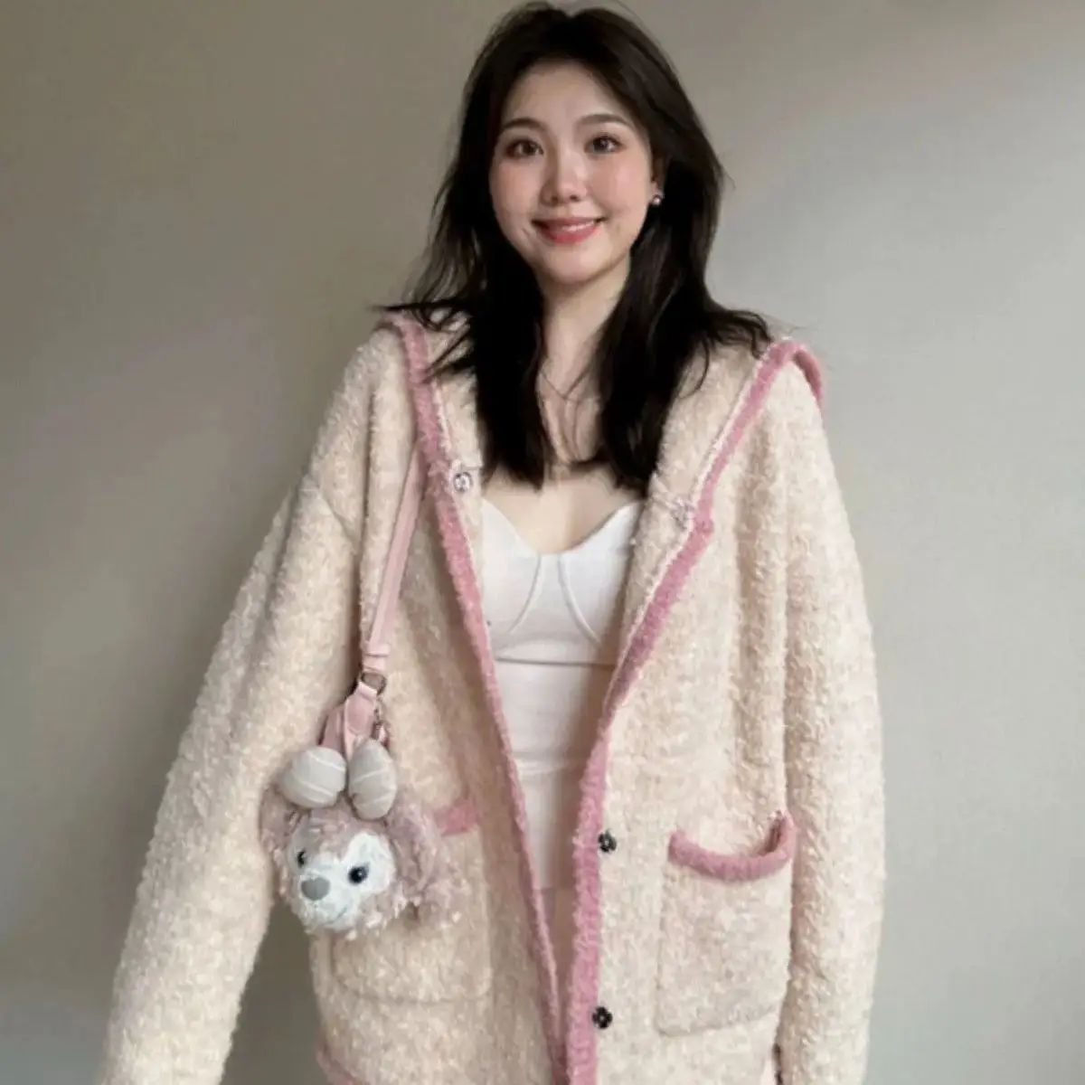 

Retro Sailor Collar Cardigan Pink Large Lapel Sweet Girl Preppy Long-Sleeved Coat Autumn Winter Loose Coat Korean Version