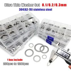 1 Set M3 to M20 0.1mm 0.2mm 0.3mm Ultrathin Flat Washer Adjusting Ultra Thin Shim Plain Gasket Kit Box 304 A2-70 Stainless Steel