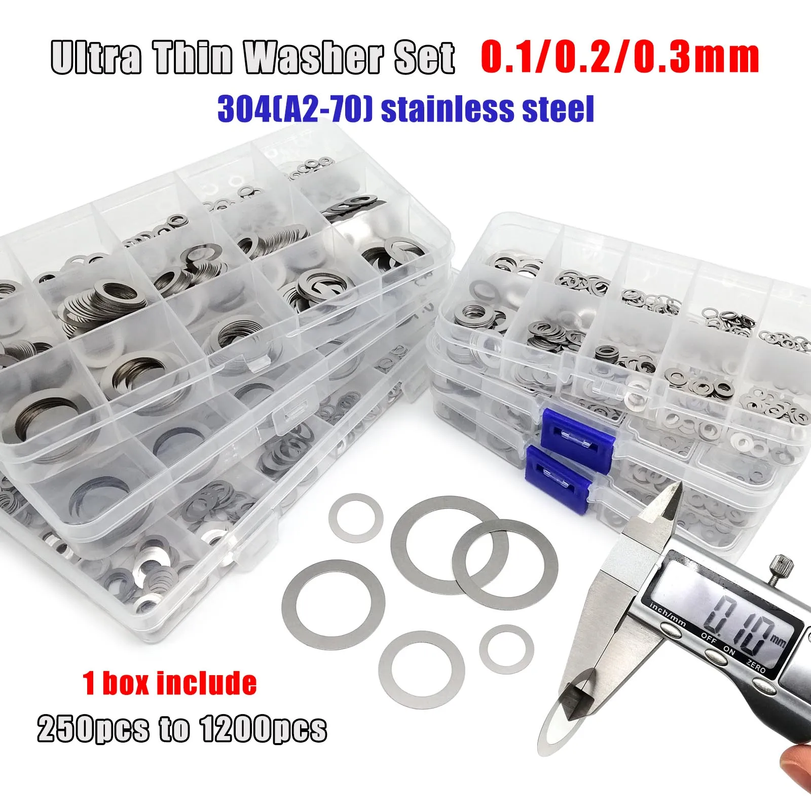 1 Set M3 to M20 0.1mm 0.2mm 0.3mm Ultrathin Flat Washer Adjusting Ultra Thin Shim Plain Gasket Kit Box 304 A2-70 Stainless Steel
