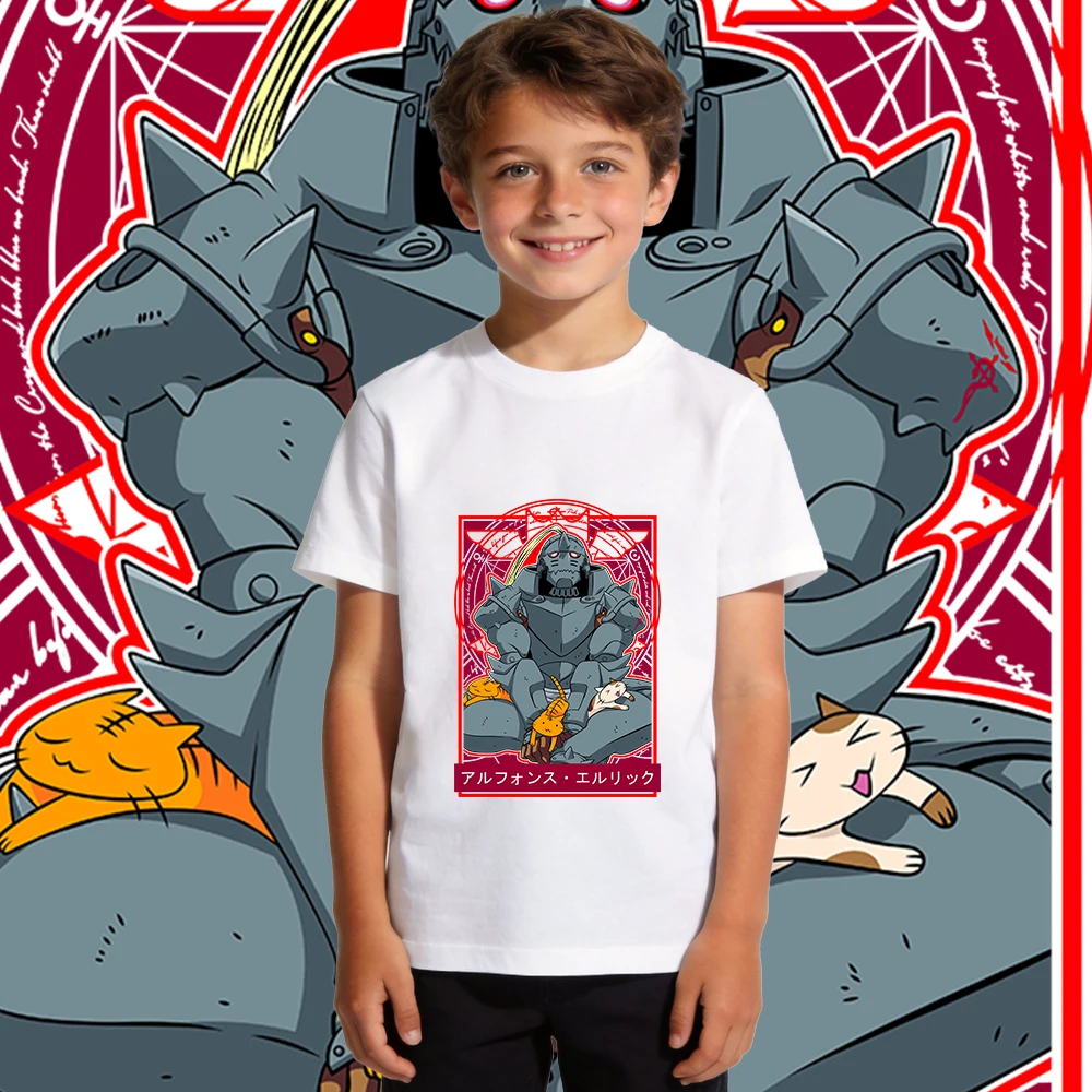 Full Metal Alchemist Alphonse Anime Print Boys Girls Cotton T Shirt Crewneck Short Sleeve Kids Summer Top