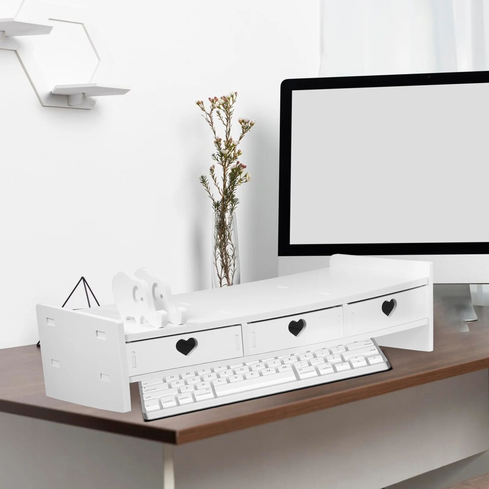 Sleek Monitor Riser With Storage Drawer Pvc Wood-Plastic Composite For Desk Office Organizer Keyboard Shelf White Desktop Stand