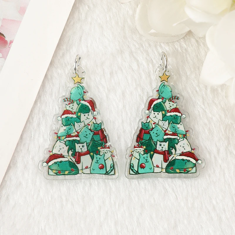 8pcs Christmas Charms Creative Acrylic Cute Raccoon Cat Tree Pendant Fashion Accessories For Diy Making