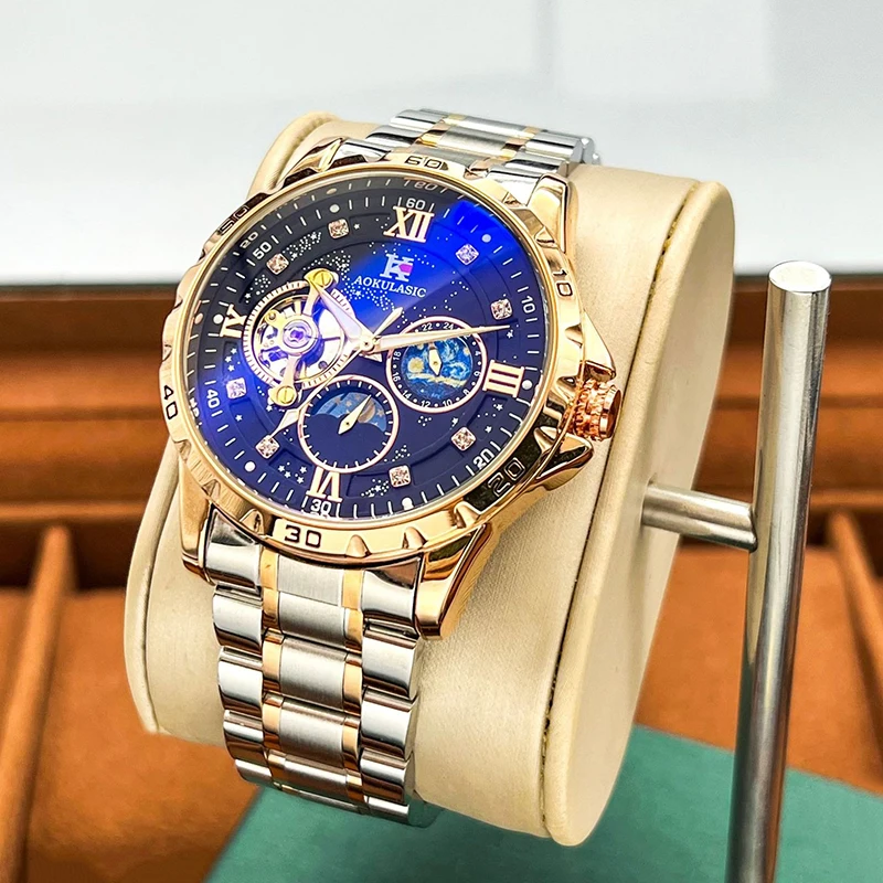Mens Multifunctional Watch Luminous Moon Phase 24 Hour Indicator Screw Crown Butterfly Buckle 30M Waterproof 43MM Large Dial