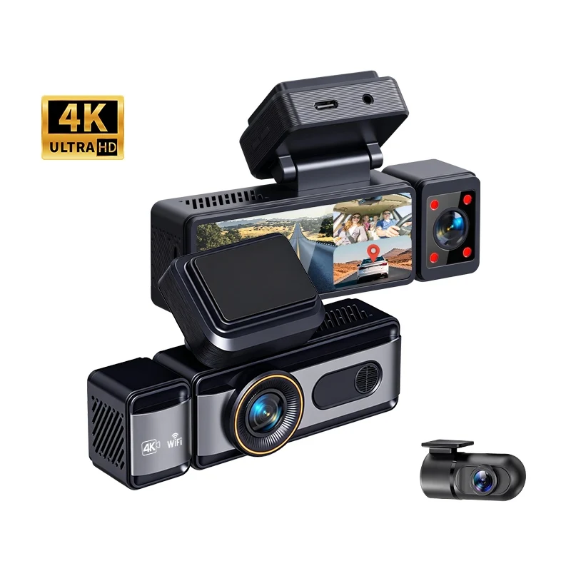3 Channels 4K+1K+1K Car Dash Camera 3.2inch ips screen Triple Lens Front+ Cabin IR Night Vision GPS 5.8G WIFI Car Camera DVR