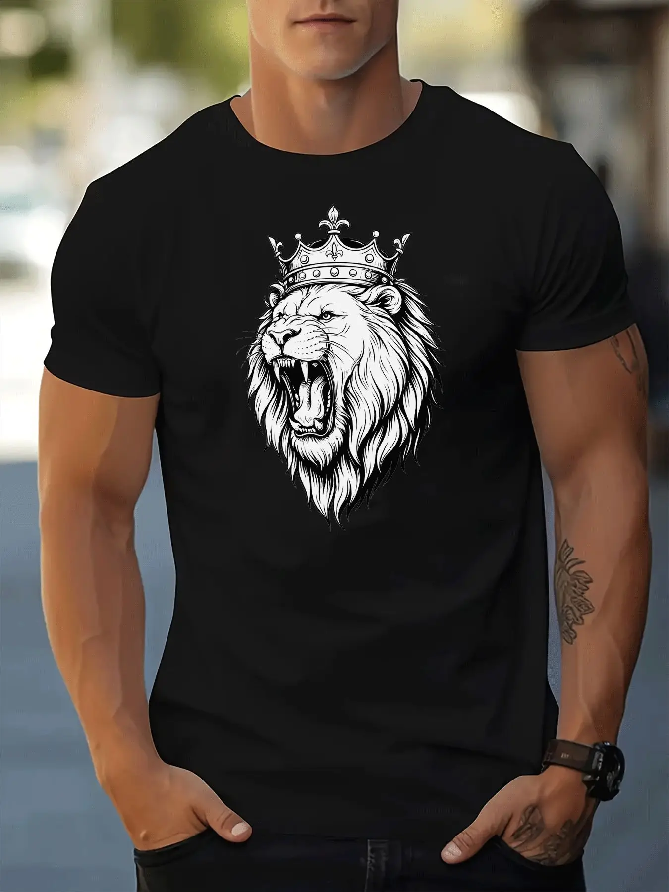 Mens Summer Tee Crown Lion King Sketch Print Short Sleeve Soft Street Top for Trendy Powerful Male Daily Fashion Wear Tops