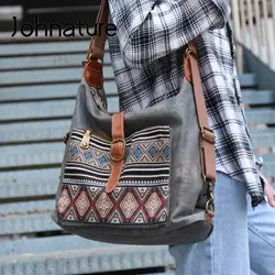 Johnature 2024 New Denim Multipurpose Shoulder Bag Versatile Large Capacity Canvas Geometric Printed Women Crossbody Bags