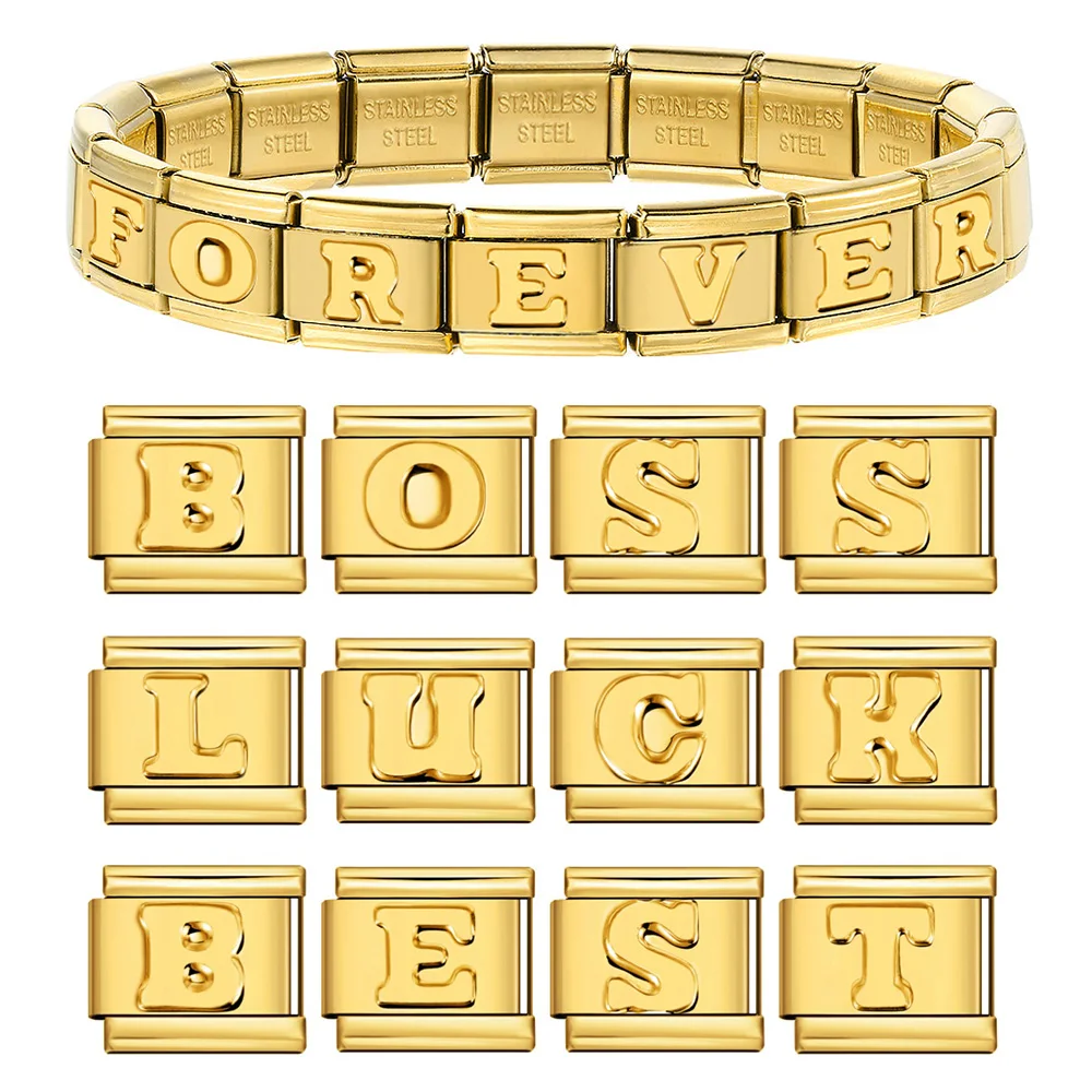 Fashions Simple Gold Color Charm English 26 A-Z Concave Letter Italian Link Fit 9mm Stainless Steel Bracelet Making DIY Jewelry