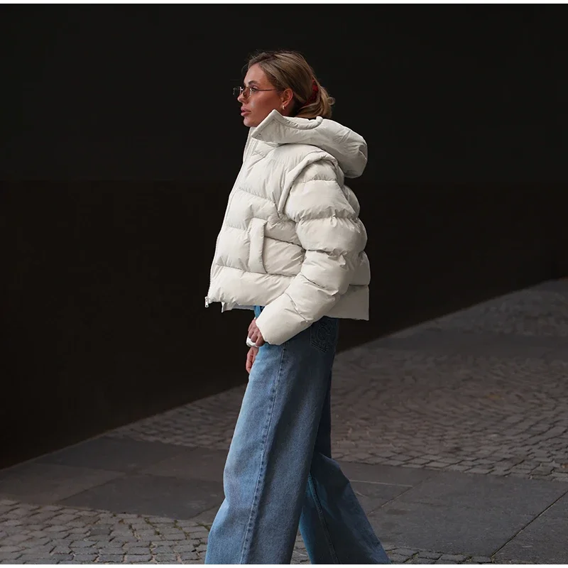 Damen-Wintermäntel, abnehmbare Weste mit langen Ärmeln, wattierte Jacken mit Kapuze, Street-Lady-Stil, Stehkragen, Reißverschluss, lockere Passform, neue Oberbekleidung. – Detail 12