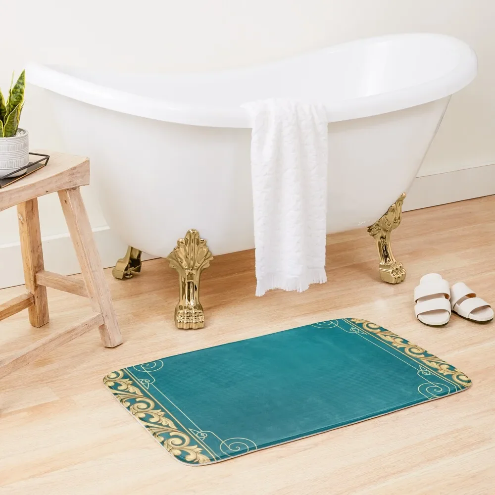 

Teal,gold,art nouveau,belle époque,pattern,vintage,elegant,victorian,chic,antique, Bath Mat Bathroom Carpet Bathroom Floors Mat