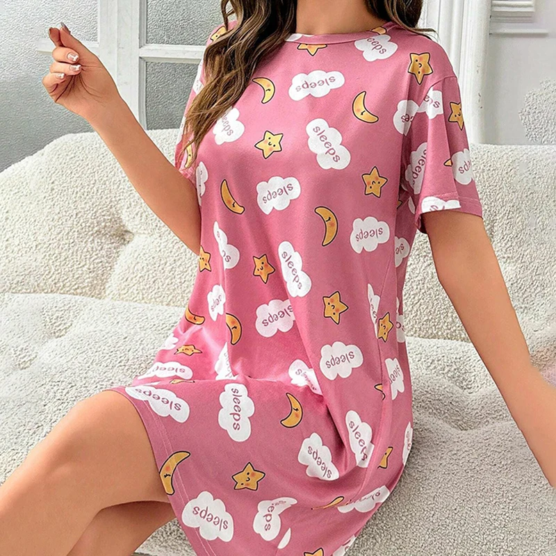 Womens Cartoon Pattern Print Nightgown Summer Short Sleeve Nightdress Loungewear Loose Breathable Sleepwear Home Clothes Pyjamas