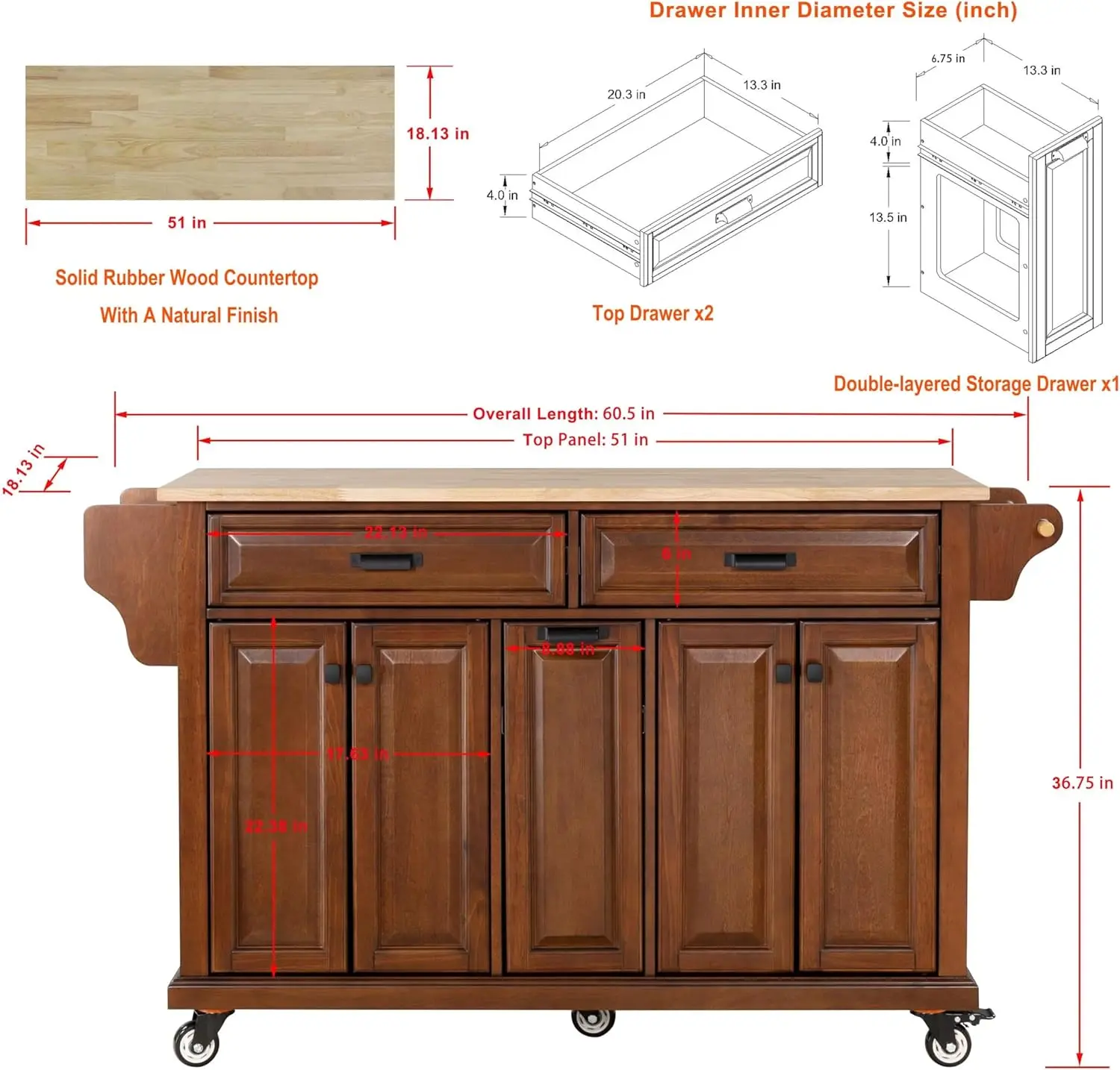 Kitchen Island Table on Wheels with Wood Top, Kitchen Island Cart with 4-Doors Storage Cabinet, 3-Drawers, Side Rack