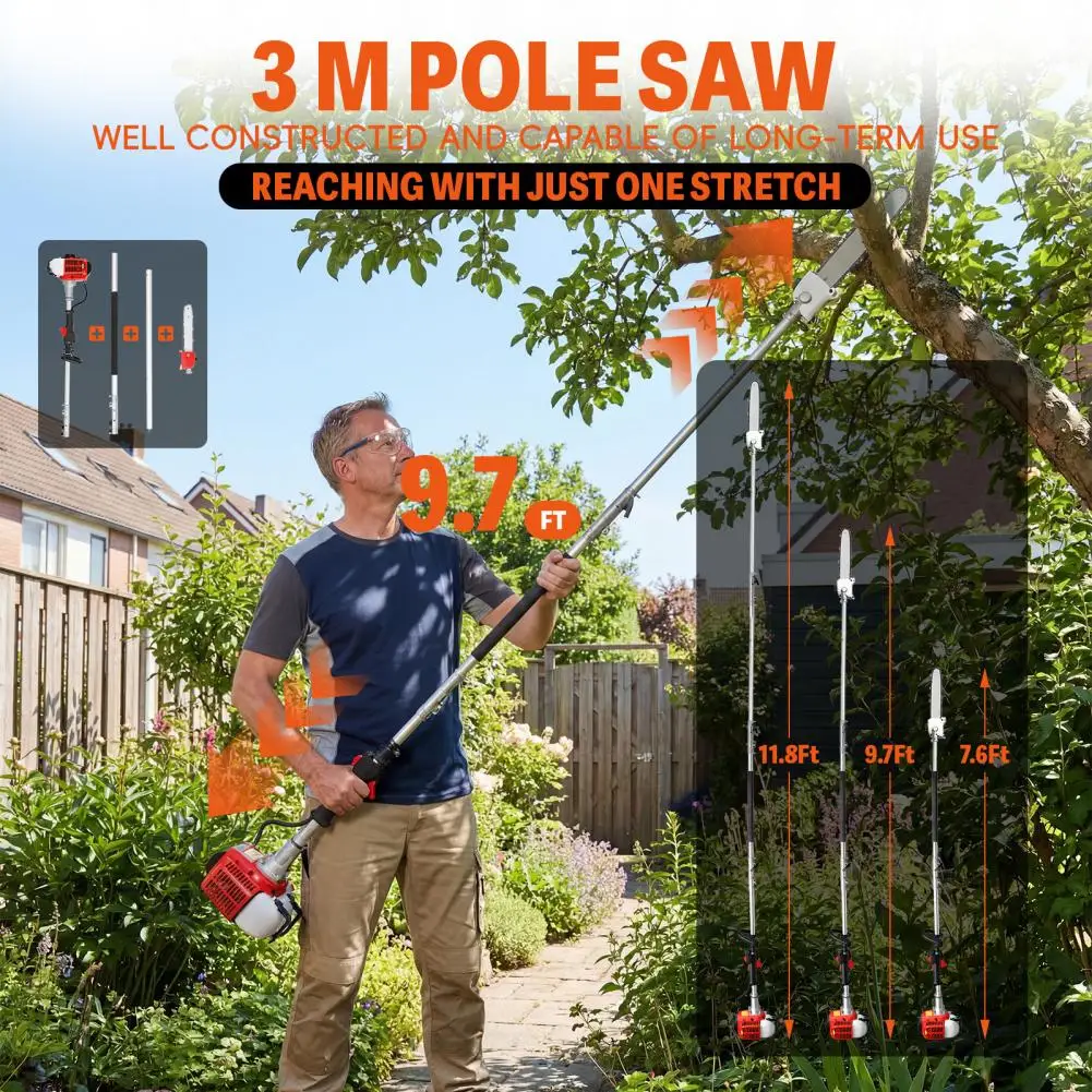 Gas Powered Pole Saw 26CC 2 Cycle Extendable Reach 9.8FT Powerful Gas Pole Saw for Outdoor Tree Trimming Farm Garden