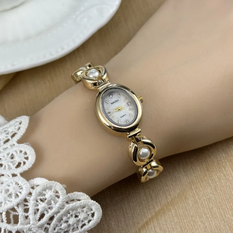 Luxury Pearl Inlaid Bracelet Watch Fashion Women Quartz Watch Brand Oval Dial Dress Wristwatches Dropshipping Relojes Para Mujer