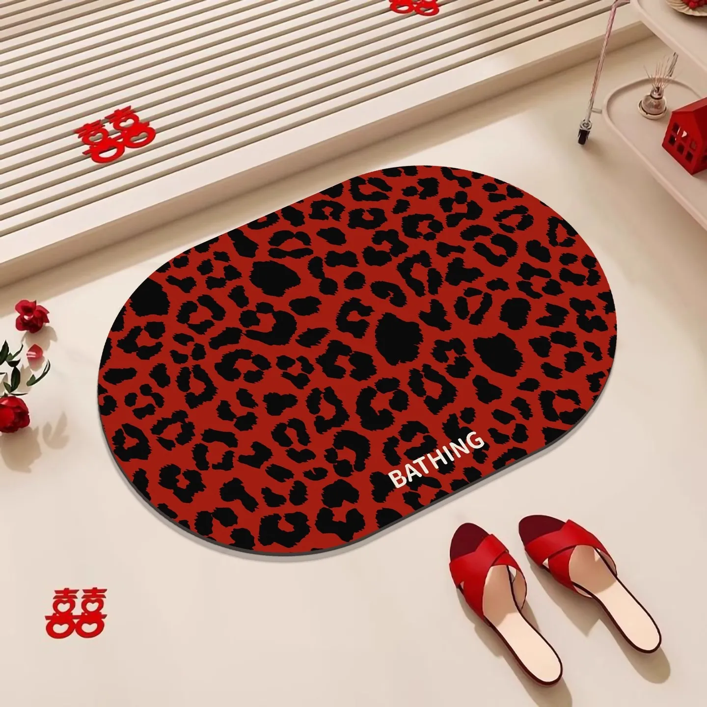 

Red Leopard Print Diatom Mud Toilet Soft Absorbent Foot Pad Bathroom Quick-Drying Non-Slip Floor Mat Toilet Door Carpet