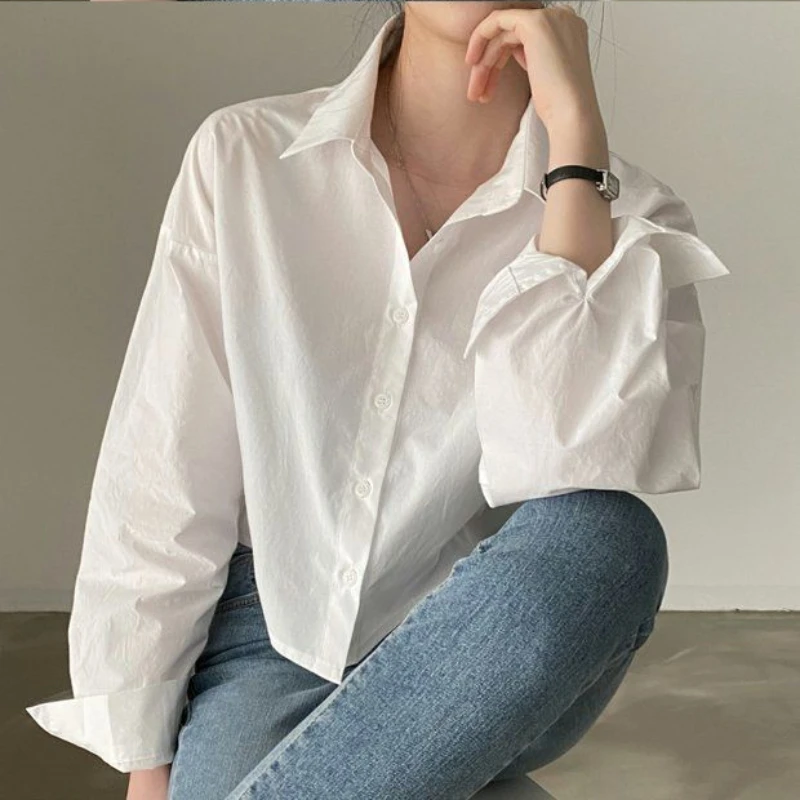 Irregular Shirts for Women Back Slit Solid Long Sleeve Preppy Korean Style Camisas Ropa Mujer Crop Tops Cute Y2k Clothes Elegant