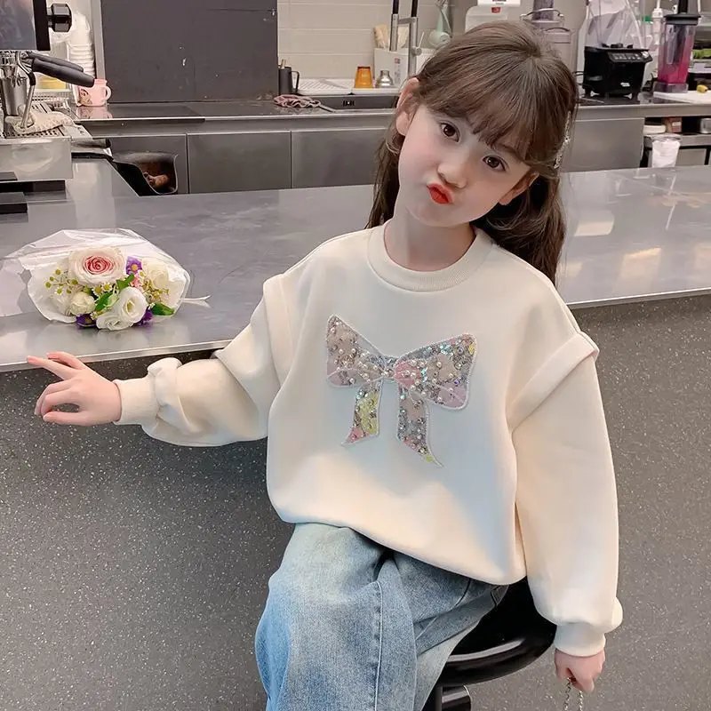 

Girls' Mid-Big Kids Spring/Autumn New Long Sleeve Crewneck Sweatshirt Bowknot Design Best-Selling Top