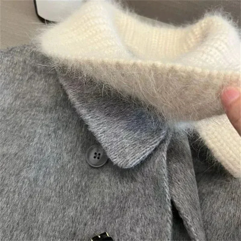 Boreathiman 2024 Luxury Women Woolen Coat Winter Detachable Knitted Collar Double-Sided Jackets Elegant Office Ladies Outerwear