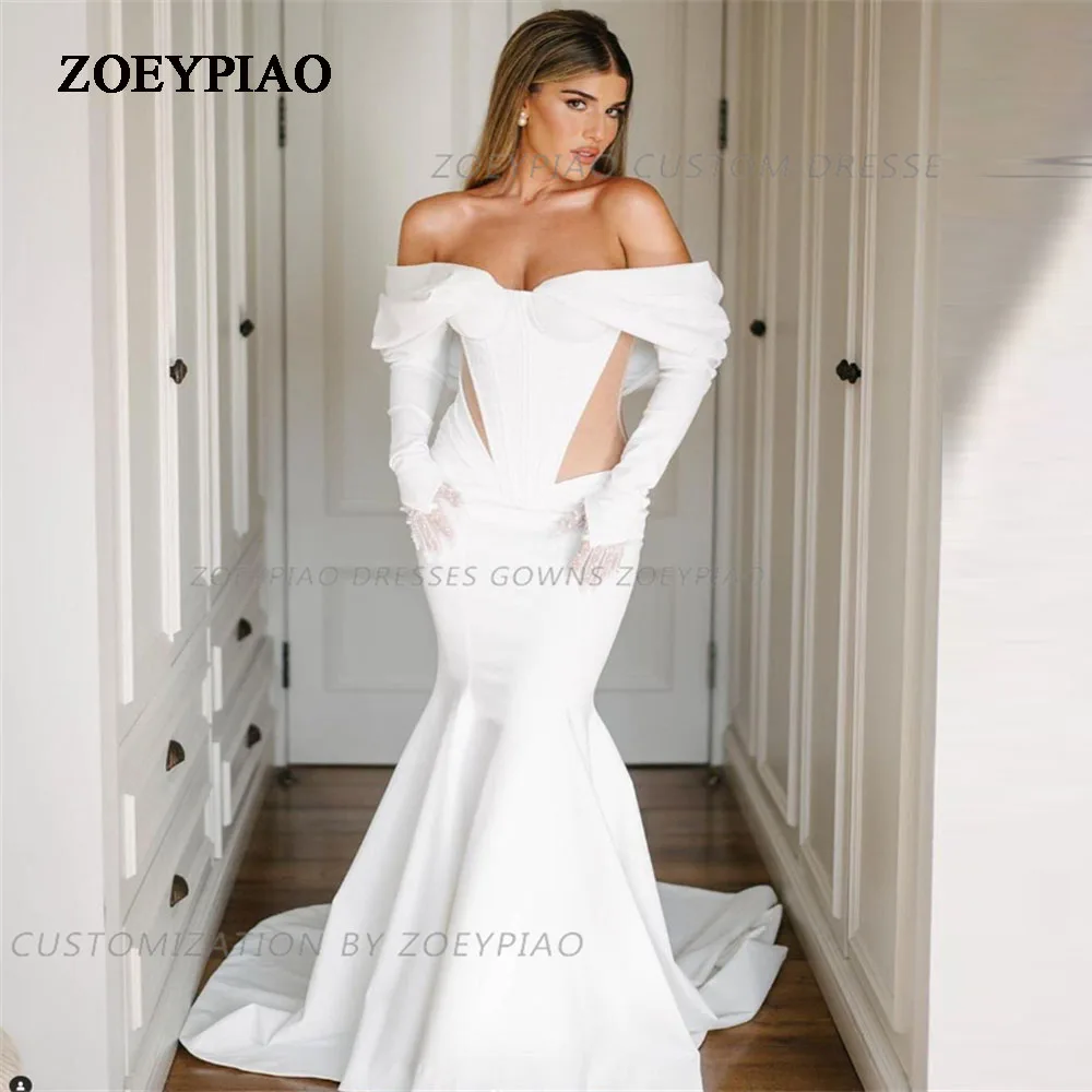 

Modest Princess Off Shoulder Wedding Dress Satin Long Sleeve Elegant Bride Dresses Country Wedding Gown Vestido de novia