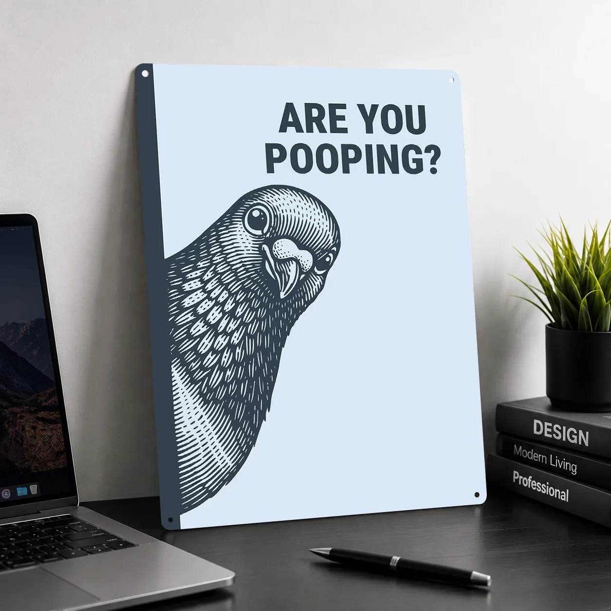 Are You Pooping? Funny Peeking Pigeon Bathroom 3D Texture Printed Poster Custom Vintage Metal Tin Plate Sign for Wall Art House