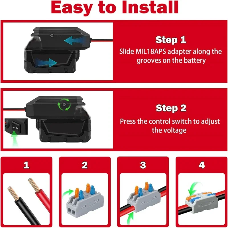 Convertidor reductor de 18V a 12V para batería de iones de litio Milwaukee de 18V, adaptador de corriente de batería de voltaje CC, adaptador de encendedor de cigarrillos