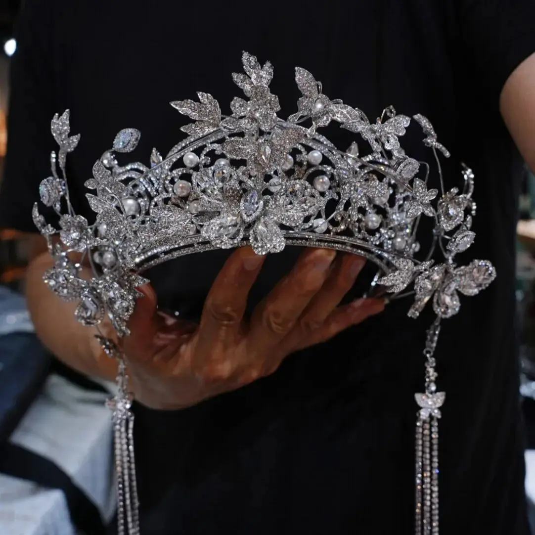 

Oversize Long Tassels Zircon Bridal Tiara Crystal Headband Evening New Design Wedding Hair Accessory for Brides