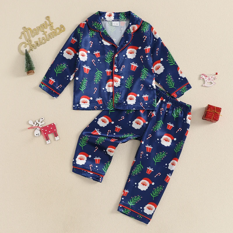 Pudcoco Kids Girls Boys Christmas Pajamas Santa Claus/Plaid Print Long Sleeves Shirt Elastic Pants for Loungewear Sleepwear 1-5T