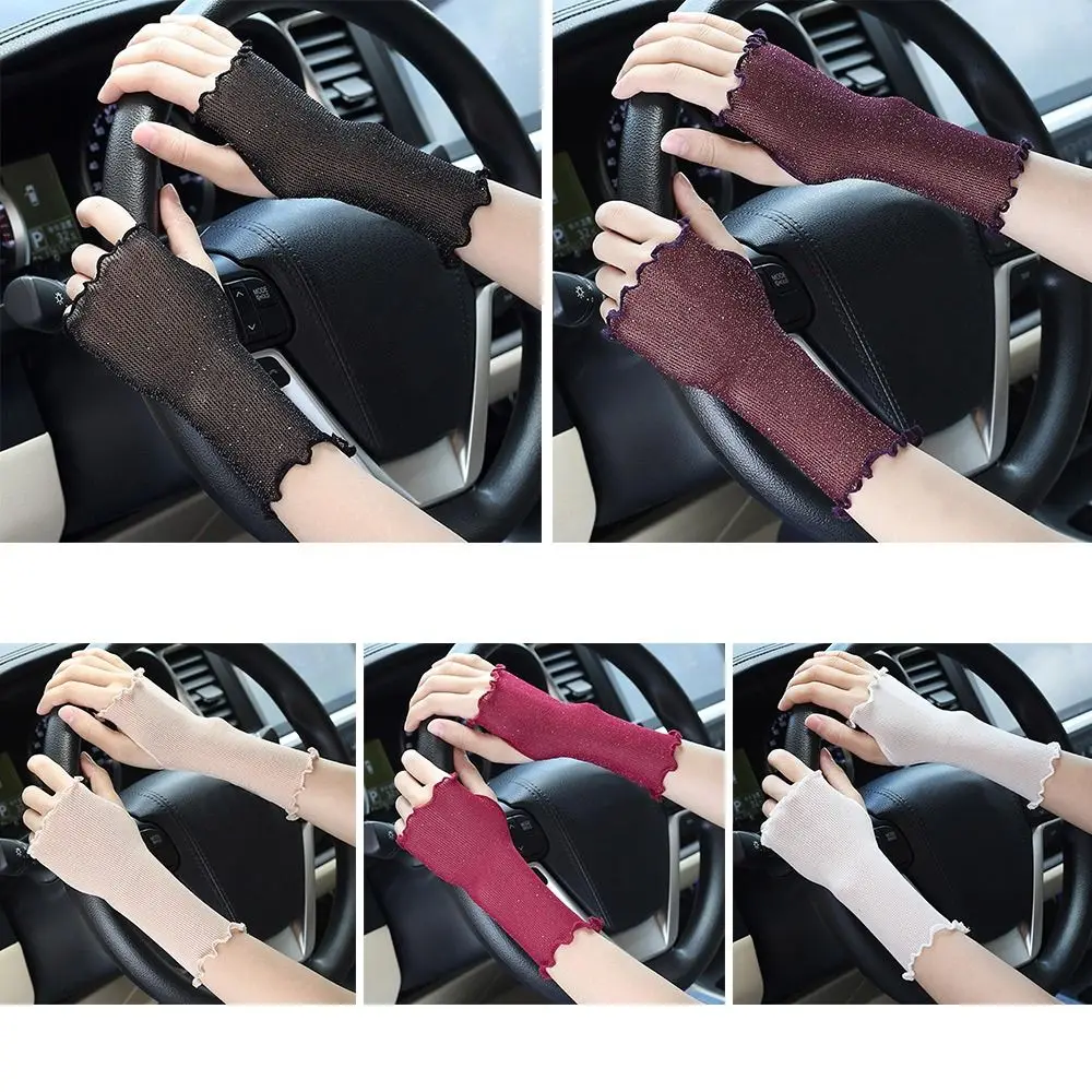 

Fashion Elastic Women Sunscreen Gloves Thin Anti-UV Summer Fingerless Gloves Ruffle Shinny Mesh Gloves Cycling Driving