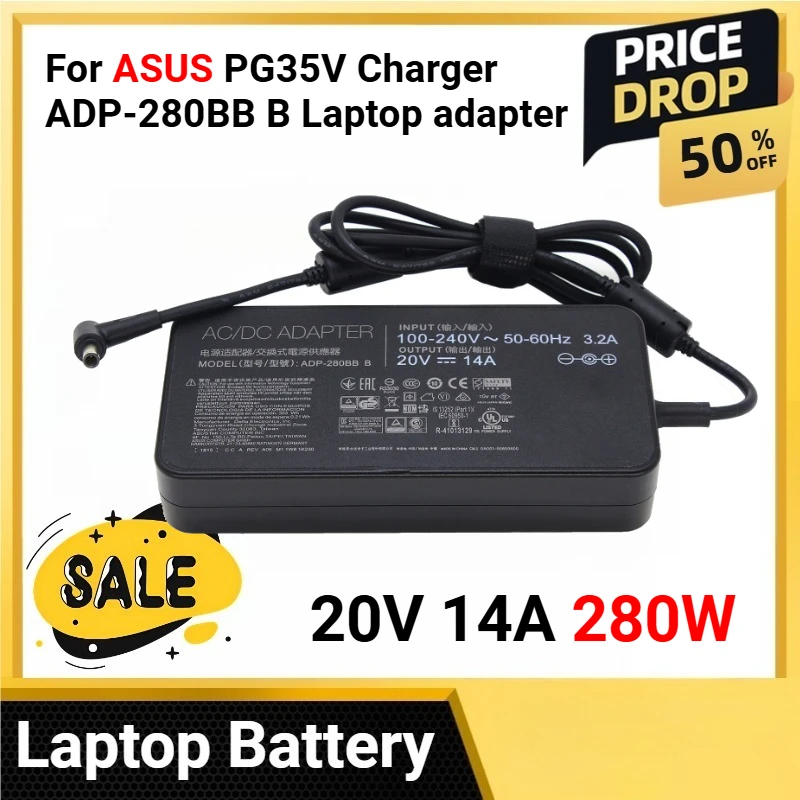 

20V 14A 280W For ASUS PG35V Charger ADP-280BB B Laptop adapter for ROG GX551QS GX551QR GX703HS GX703HR GX703HM G732LWS 6.0*3.7MM
