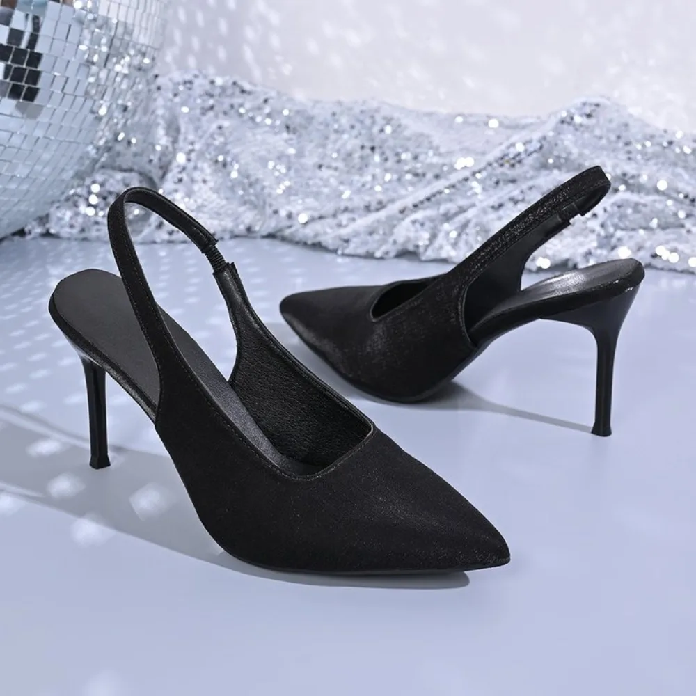 2026 New Spring Summer High Heels Black Elegant Toe Cover Sandals Fairy Shoes Thin Heel Single Women Pointed Toe Velvet Surface