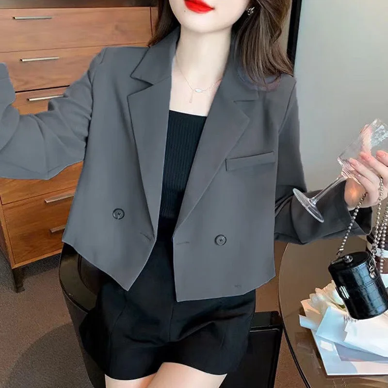 Fashion Long Sleeve Cropped Blazers Women Autumn Single-Button Solid Color Blazer Woman All Match Office Suit Jacket Female