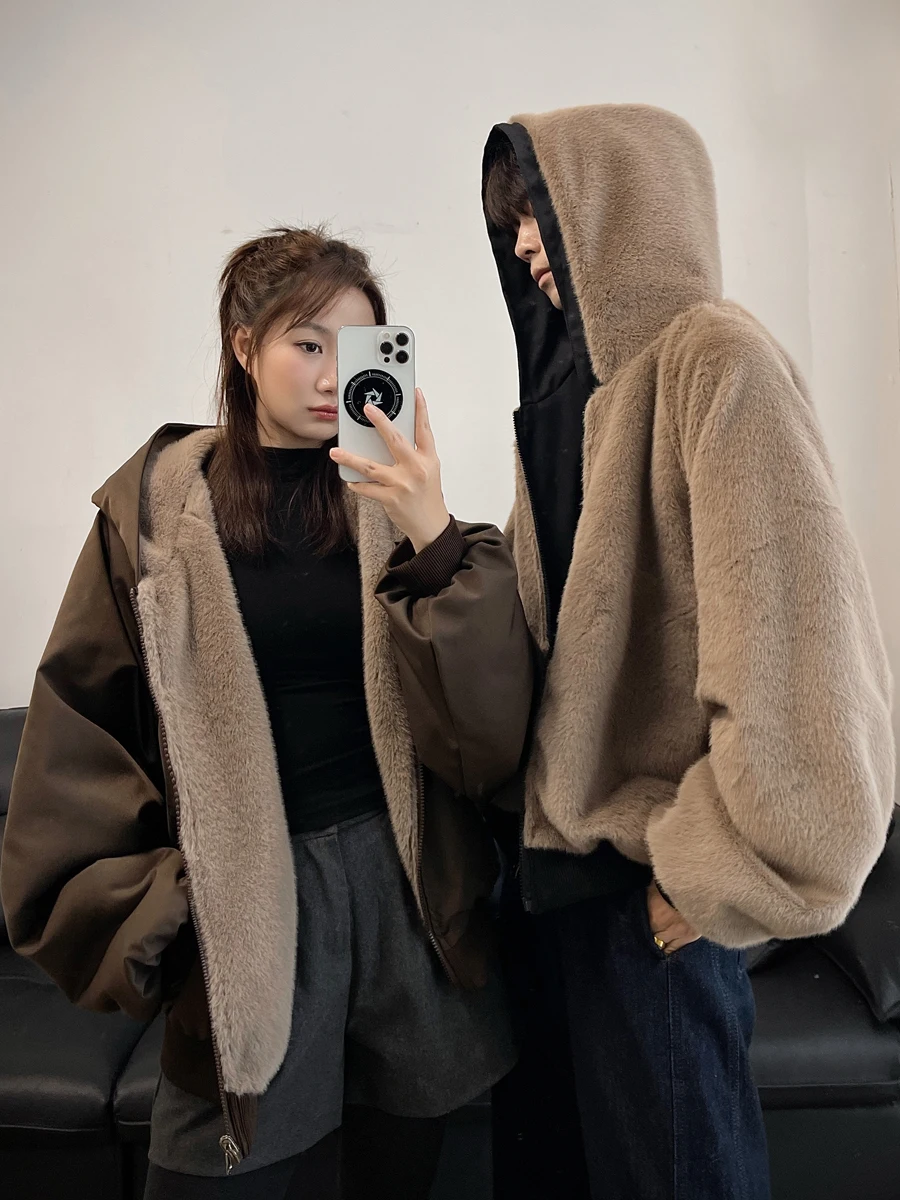 

Caramel Two-Sided Wearable Mountain Eagle Cotton Jaet Men's Winter Thi Warm Fur Inteated Hooded American Sle Jaet