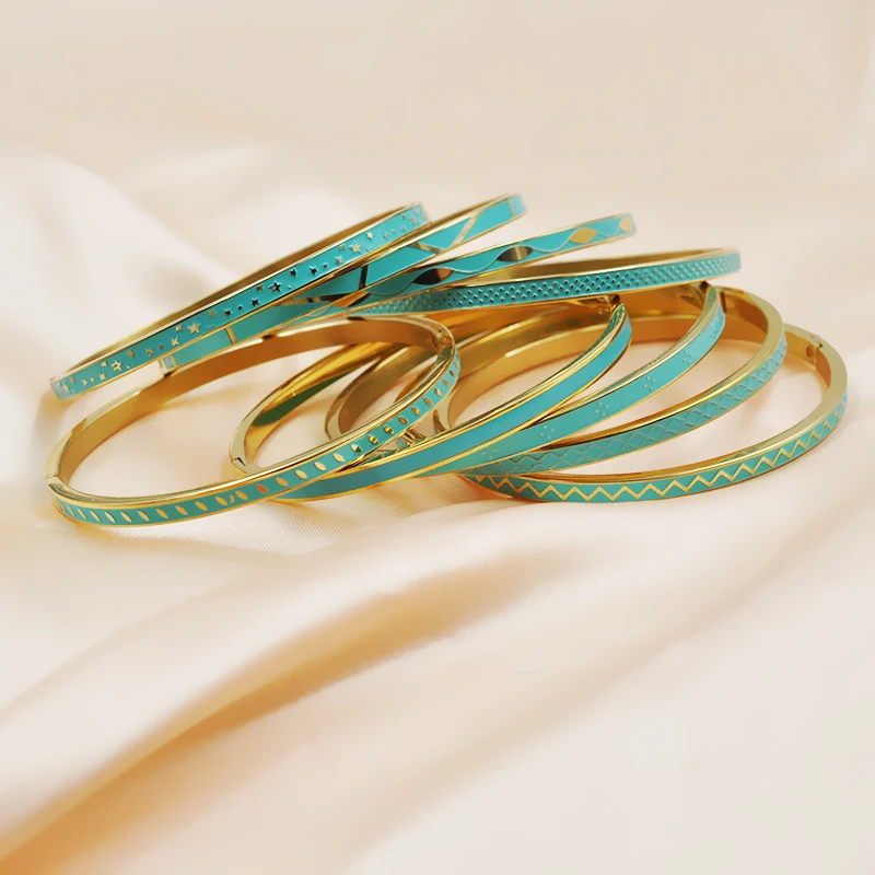 Zalman Brand Geometric Design Classic Green Enamel Bangle Gold Color Stainless Steel Thin Bracelet Women Wholesale 2023