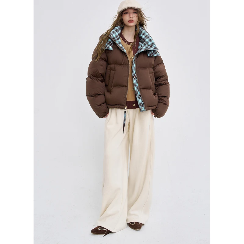 ELFSACK 2025 Nuovi arrivi invernali Piumino reversibile Y2K a righe corto con collo alto e cappuccio per donna