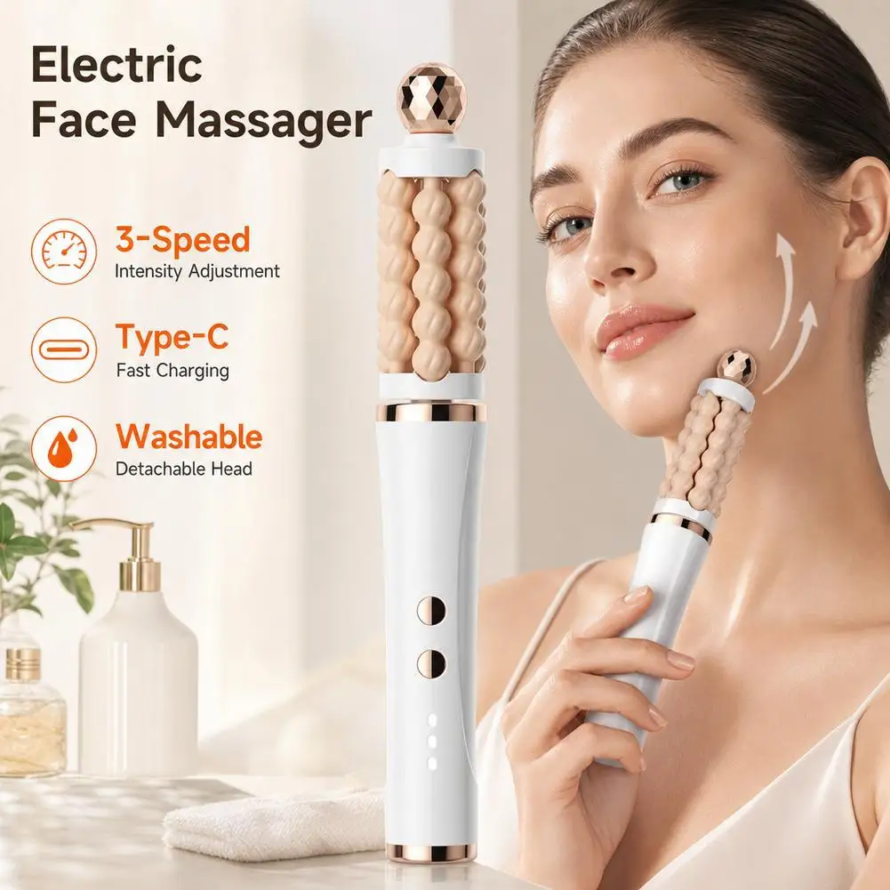 Electric Facial Roller Massager 3D Wave Face Lifting Tool Type-C Rechargeable 3-Speed Anti-Aging V-Line Skin Tightening