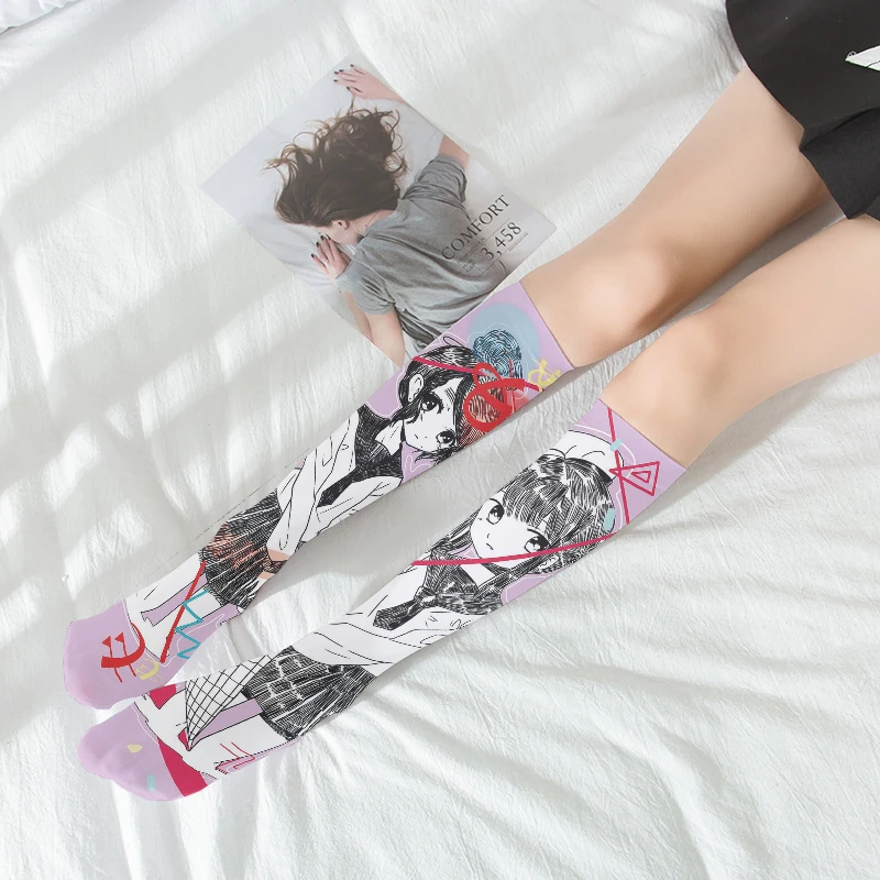 Fashion 3D Printed Women Silk Stockings Thigh High Knee Anime Cartoon Elastic Personalized Cosplay Pink Thin Cute Girl Stockings