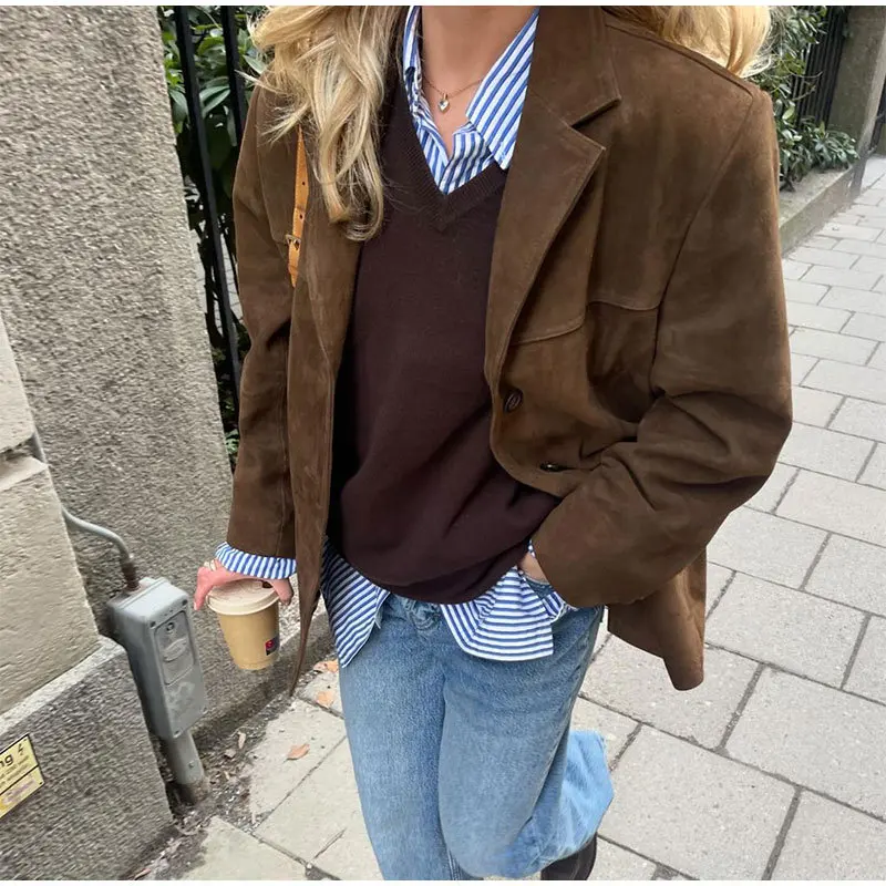 Vintage Brown Suede Leather Jacket Women Autumn Fashion Single Breasted Lapel Loose Blazer Coats Street Office Lady Outerwears