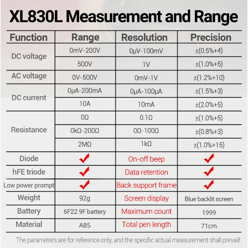 ANENG-multímetro Digital XL830L, medidor de corriente de voltaje de alta precisión, multímetro pequeño portátil inteligente, retención de datos de Transistor