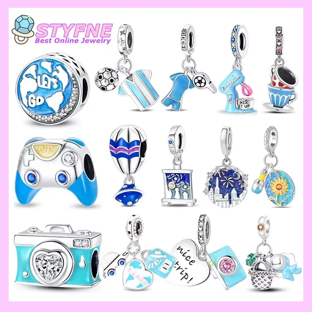 

Exquisite Blue Series Silver 925 Camera Game Machine Football Jersey Beads Pendant Fit Woman Bracelet Jewelry Charms DIY Gifts