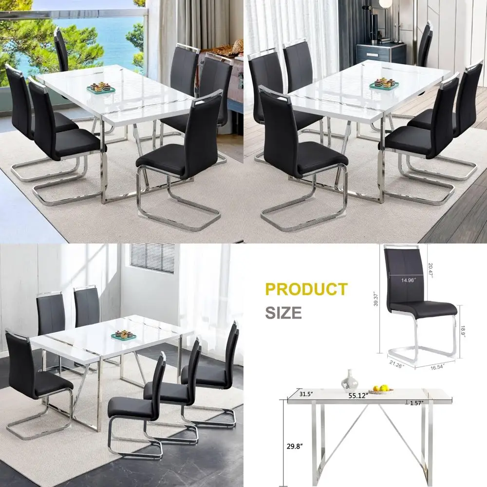 

6-местный белый прямоугольный обеденный стол из МДФ с кожаными стульями, современный обеденный набор из 7 предметов