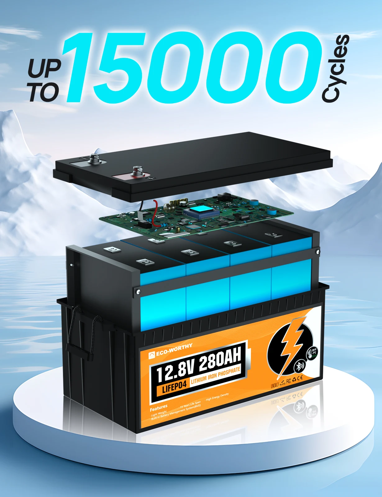 ECO-WORTHY 3584Wh 12V 280Ah LiFePO4 RV Battery w/Bluetooth & Low 